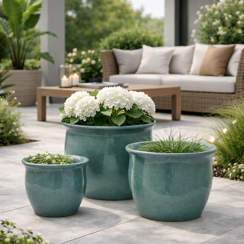 Portavaso "Cachepot Bombato" verde in ceramica Tondo per uso interno ed esterno, set da 3 pezzi