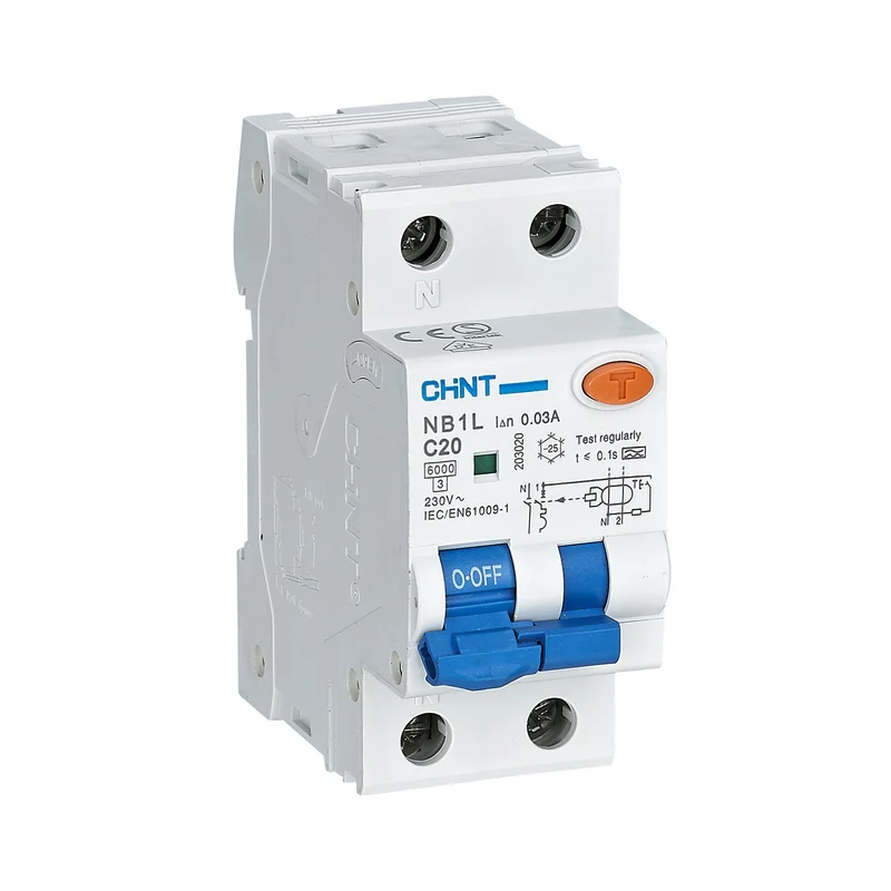 INTERRUTTORE MAGNETOTERMICO DIFFERENZIALE CHINT NB1L2/C20-1PN-6-A30-NEW 1P+N 20A 30MA 6KA CURVA C TIPO A 2 MODULI