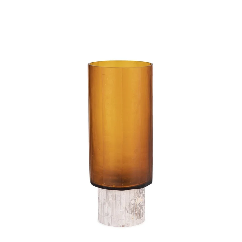 Vaso "Giti" in vetro tondo color ambra con base in marmo per arredo interno