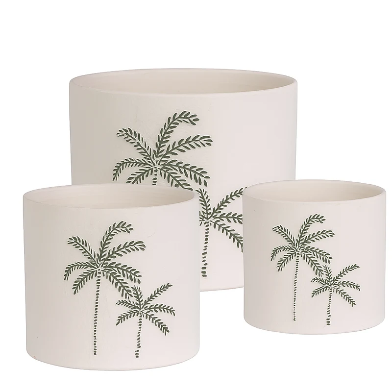 Porta vaso "Joele" in terracotta con palme decorative per uso interno ed esterno set da 3