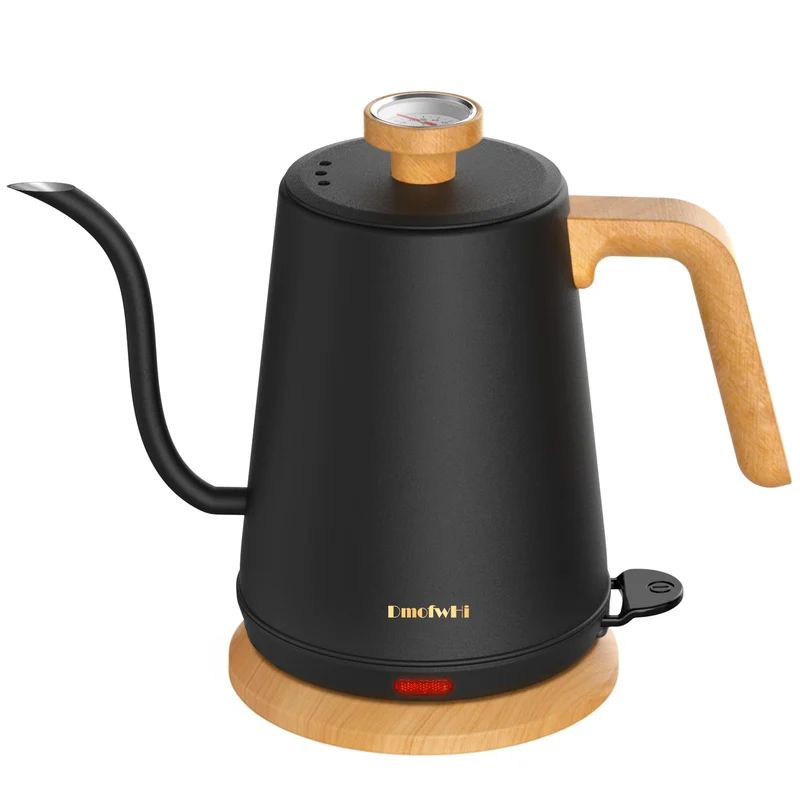 Bollitore Elettrico a Collo d'oca da 1L con Termometro, 1000W Teiera Elettrica in Acciaio Inox, Riscaldamento Rapido, Spegnimento Automatico, Teiera Antigoccia per Caffè e Tè, Nero