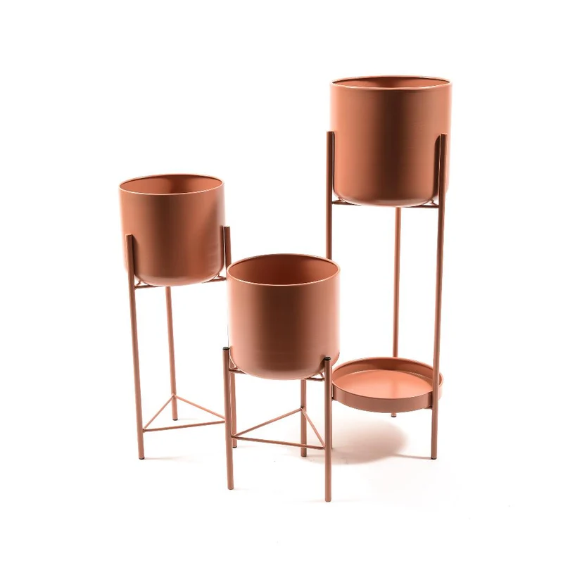 Porta vaso con alzatina, in metallo per uso esterno e interno, set da 3 pezzi