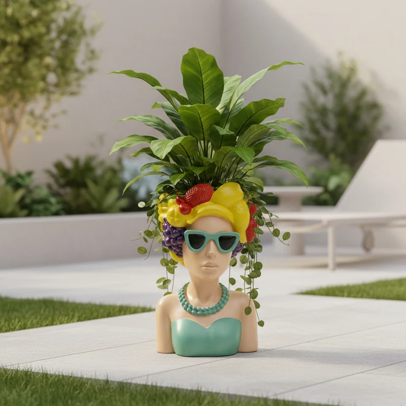 Portavaso "Donna con cappello di frutta" in resina, decorazione per uso interno ed esterno