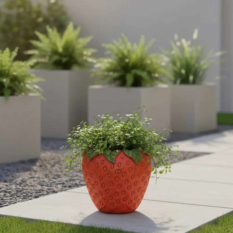 Vaso a forma di fragola in cemento, decorazione per uso interno ed esterno