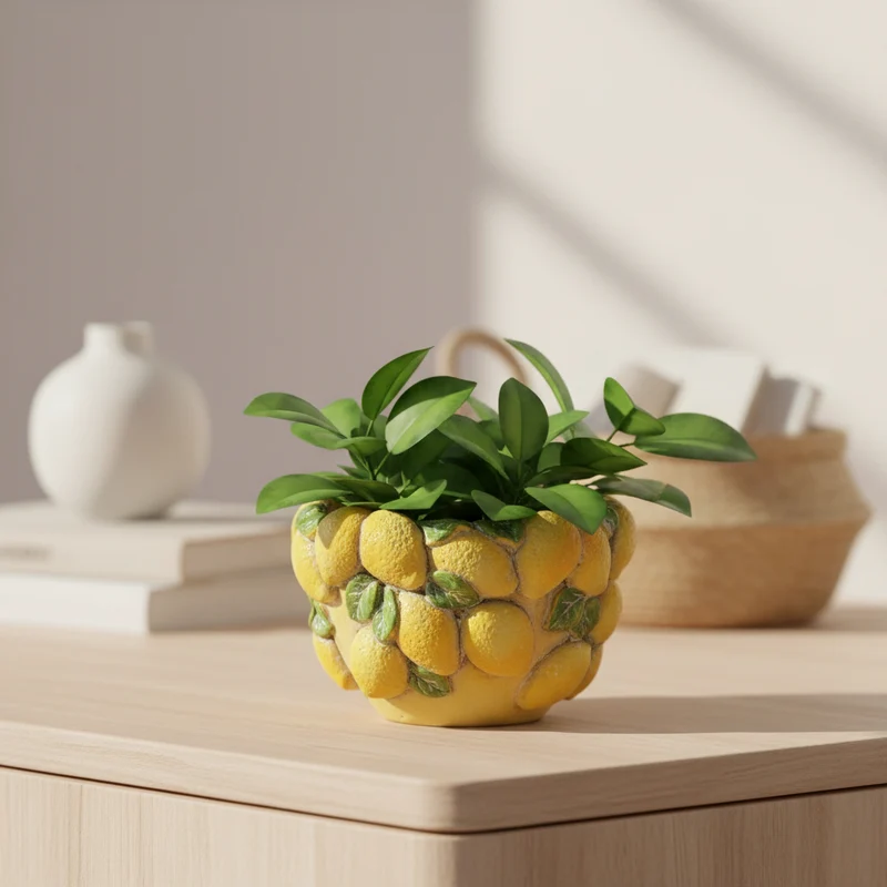 Vaso con limoni in cemento, decorazione per uso interno ed esterno