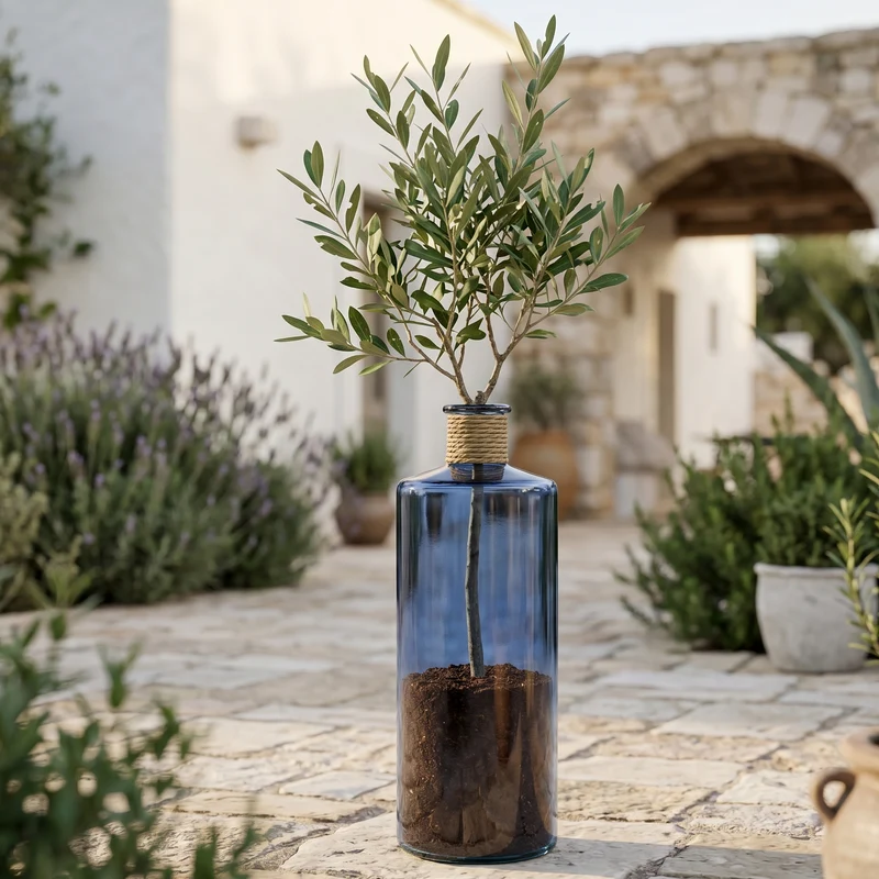 Vaso bottiglia "Rotang" in vetro blu cobalto per arredo casa