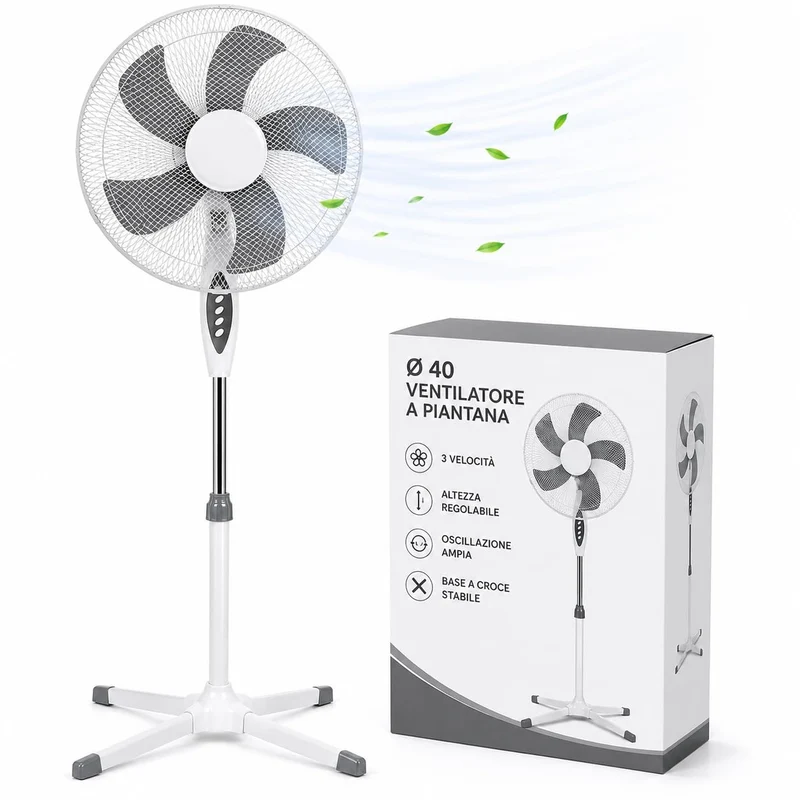 Ventilatore a Piantana Ø 40 cm BIANCO - FACILE MONTAGGIO - 50 W - 3 Velocità - STABILE e SILENZIOSO - Oscillazione Orizzontale - Altezza Regolabile 103-130 cm - Testa Inclinabile - Base a Croce