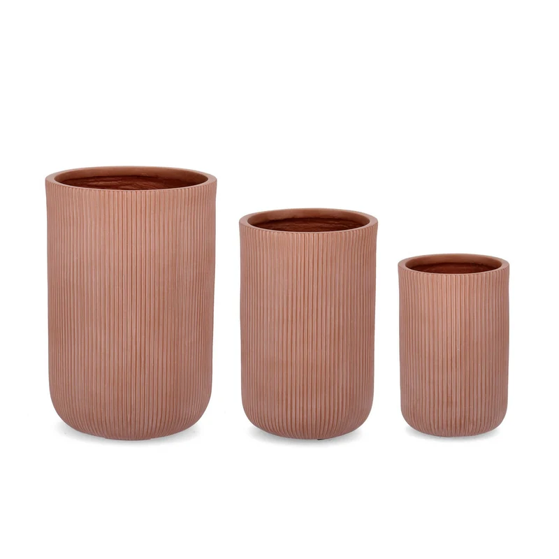 Set di 3 vasi "Ribbed", color terracotta, in fibra di vetro e argilla colorata, da esterno