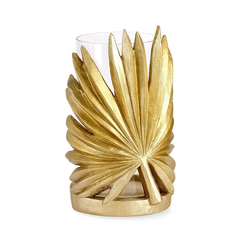 Porta candela "Foglia Palong", color oro, in vetro e poliresina, resistente all'acqua