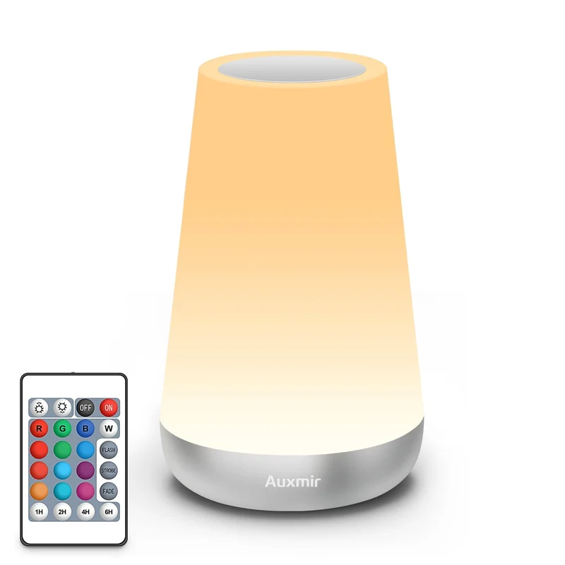 Auxmir Luce Notturna Bambini, Lampada da Comodino, Lampada LED Colorata con 13 Colori, Luminosità Regolabile, 3 Modi d’Illuminazione, Touch e Telecomando, Batteria Ricaricabile, Argento