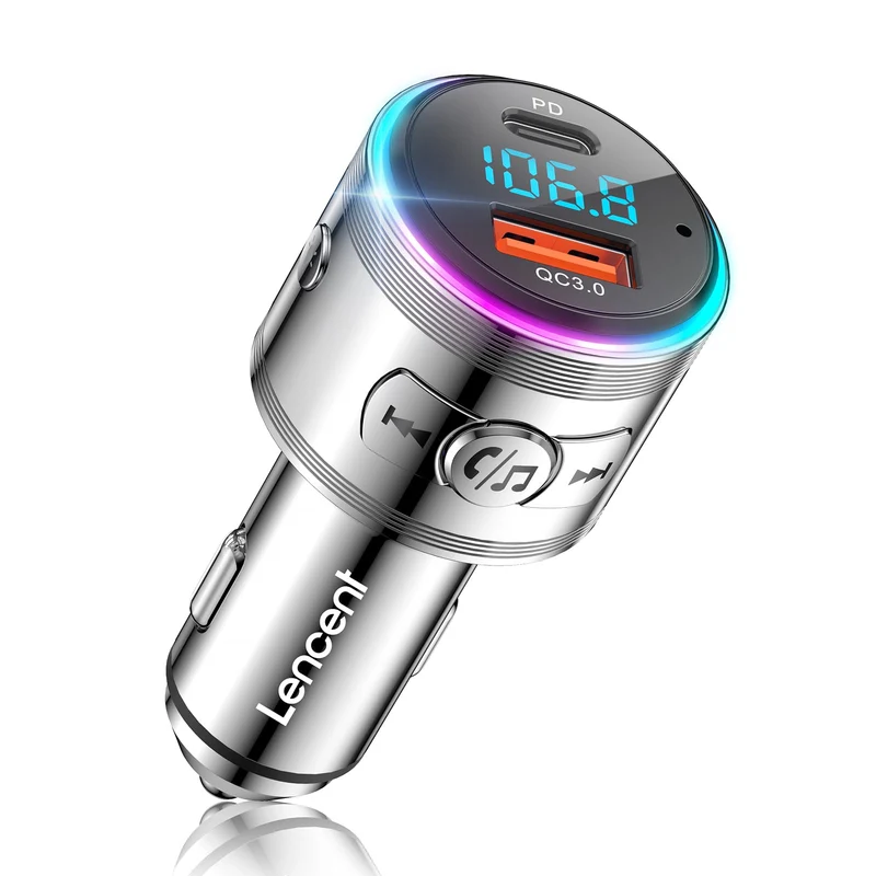 LENCENT Trasmettitore FM Bluetooth 5.3, PD 20W & QC 3.0 18W Ricarica Veloce, Adattatore Bluetooth per Auto, Wireless FM Radio, Cancellazione del Rumore, Chiamate in Vivavoce, Hi-Fi Musica, 7 Luci LED
