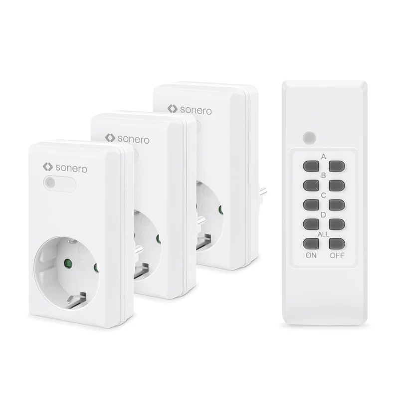Sonero set di prese radiocomandate 3x presa radiocomandata e 1x radiocomando, 1100 watt, portata massima 30m, interno, bianco (presa tedesca)
