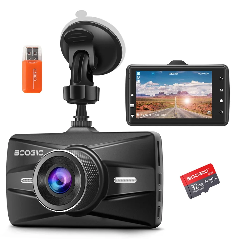 Dash Cam Auto con 32G SD, BOOGIIO 1080P FHD Dash Cam Schermo IPS da 3 Pollici Grandangolo 170° Dashcam con WDR, G-Sensor, Monitoraggio del Parcheggio, Registrazione in Loop, Rilevamento del Movimento