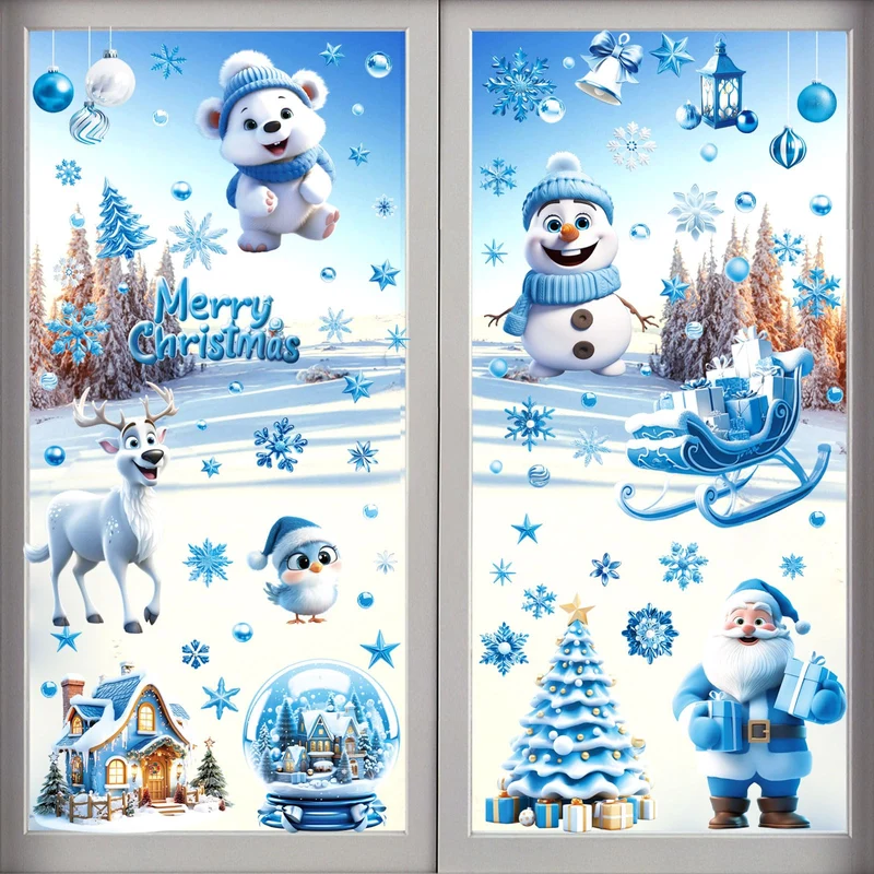 AhfuLife 173 Pezzi di Vetrofanie Natalizie per Finestre, 9 Fogli di Adesivi Blu Autoadesivi Riutilizzabili a Doppio Lato, Babbo Natale, Pupazzo di Neve e Albero per Decorazioni Natalizie