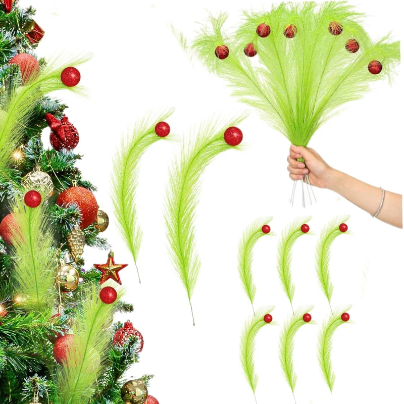 Kezidhp Punta Albero di Natale 36 cm, 8 Pezzi, Decorazione Natalizia con Girandole Verde Lime e Palline Rosse, Steli Artificiali Verdi per Alberi, Corone e Fai da Te