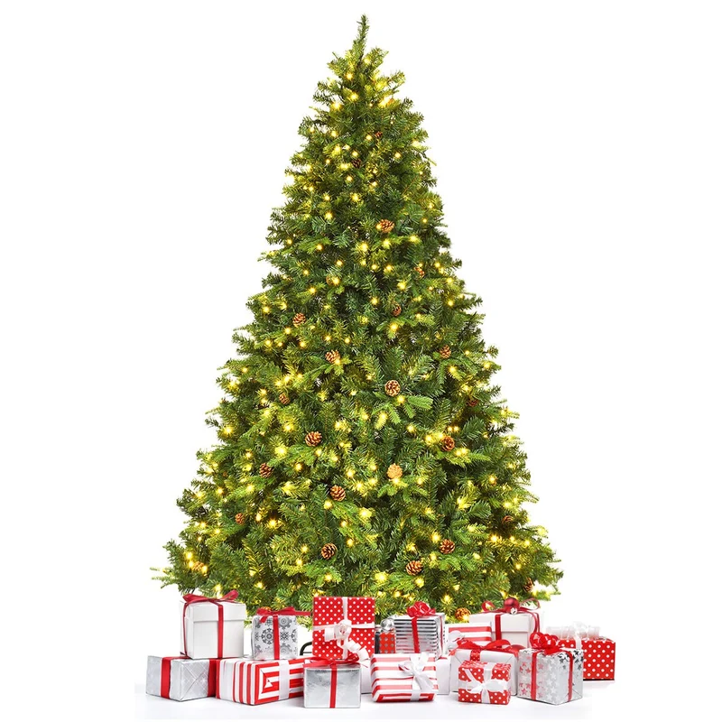 COSTWAY Albero di Natale 210/225/240 cm, Albero di Natale con 460/540/600 Luci a LED Bianco Caldo, 925/1125/1335 Rami e Pigne, Decorazione Natalizia per Casa e Negozio (225cm)
