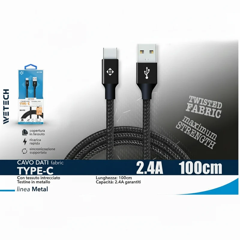 Wetech Cavo Usb C Febric 100Cm 2.4A-Nero