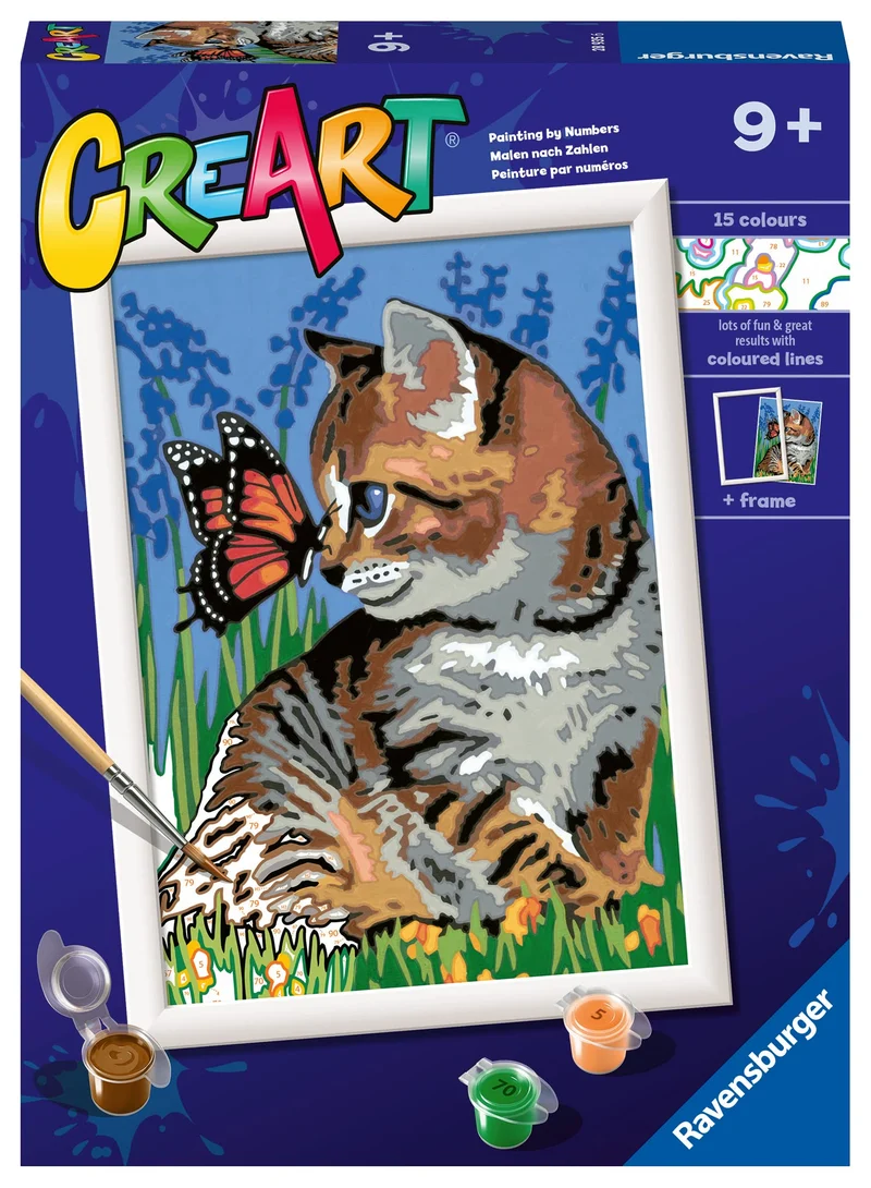 Ravensburger - CreArt Serie D, Gattino e Farfalla, Dipingere con i Numeri, Kit Pittura Bambini, Tema Animali, Cornice Inclusa, Gioco Educativo, Idea Regalo Bambini 9+ Anni, 26x20 cm