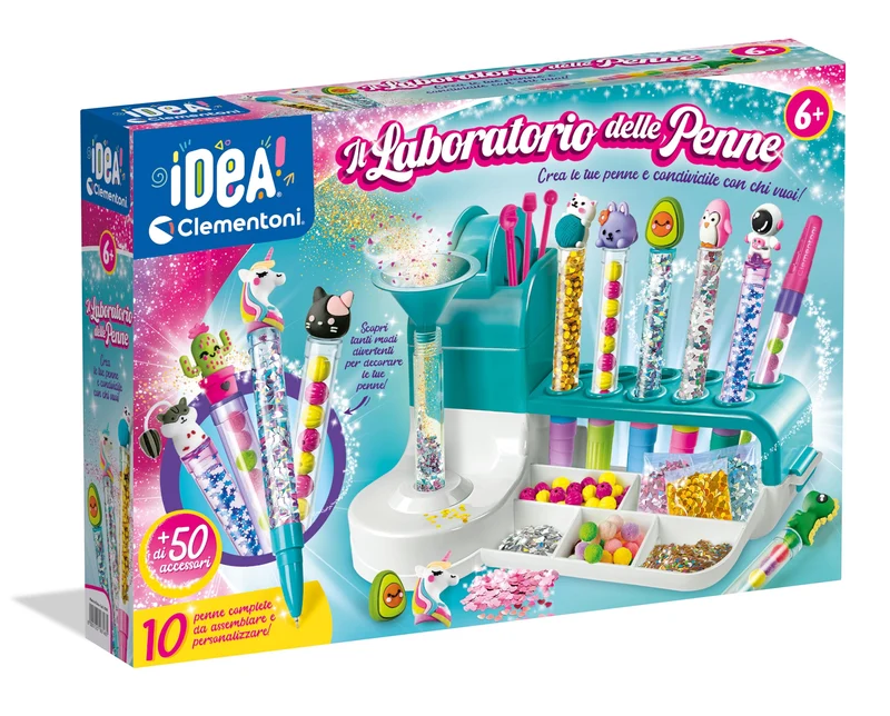 Clementoni Idea - Laboratorio delle Penne Personalizzate, Kit Creativo per Bambini 6+ Anni, con 50+ Accessori e 10 Penne Personalizzabili, Gioco Made in Italy, Lingua Italiana, 18748
