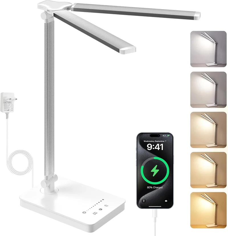 Lampada da Scrivania LED,Lampada da Tavolo Con Touch Control protezione degli occhi Pieghevole, Timer e modalità di lettura，5 colori e 10 Livelli di Luminosità per Ufficio, Cameretta Nero