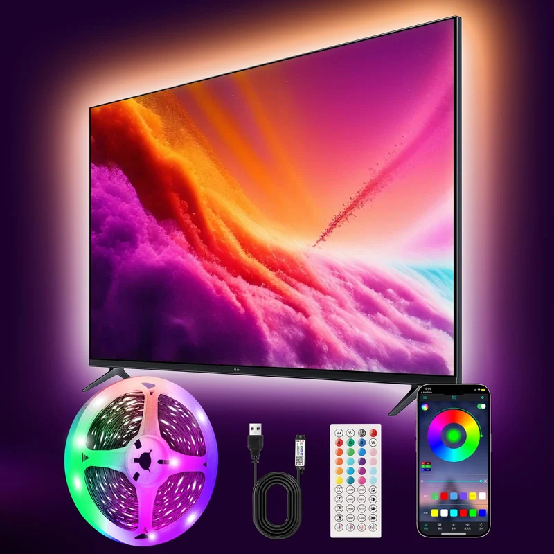 Liwqolx Striscia LED TV 3 metri, RGB TV Lights Backlight Behind for 45-65 Inch TV, Music Sync Bluetooth APP and Remote Control TV LED Strip Lights USB Powered for Bedroom/Gaming