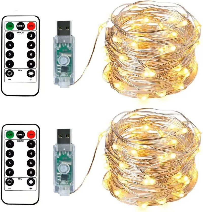 BXROIU 2 X100LEDs Luci a Stringa su 10metri Micro Filo d'argento,Spina USB con Telecomando 8 programma (Bianco Caldo)