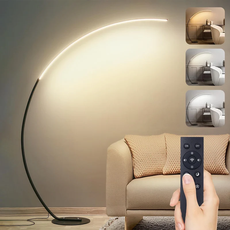 Linkenail Lampada da Terra ad Arco Salotto, 25W Moderna Piantana LED Dimmerabile Lampada Salotto con Telecomando, 3000K-6000K, Lampada lettura per Soggiorno, Camera da Letto, Ufficio, Nero 170cm