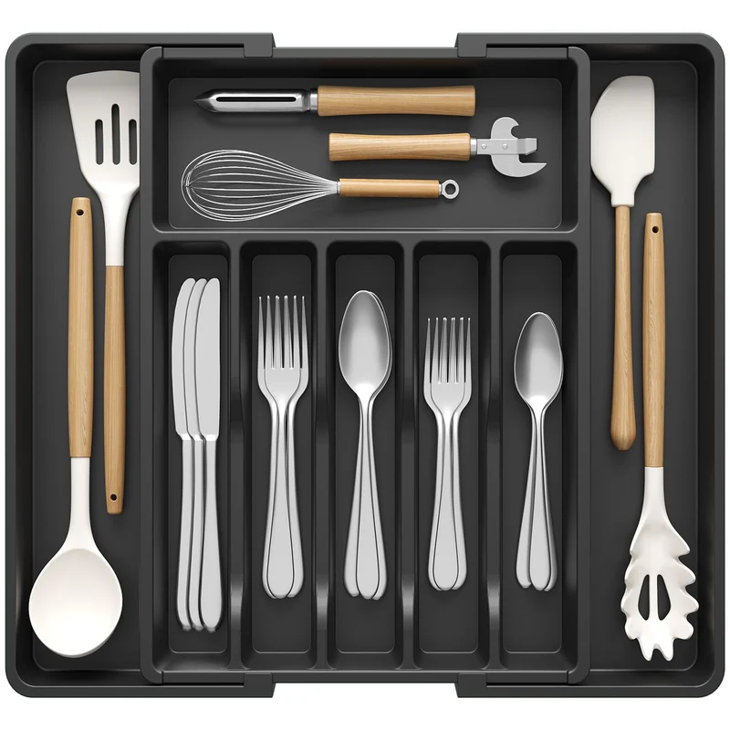 Portaposate da Cassetti, Organizer Regolabile per Posate, Lifewit Porta Utensili da Cucina, Profondità 42,4 cm, Grande Accessori per Set Mestoli, Divisori da Plastica per Forchette e Coltelli, Nero