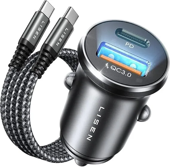 LISEN Caricatore Auto USB C 69W+60W Cavo【PD & QC3.0 Rapido】 Caricatore Auto Accendisigari, Caricabatterie Auto USB C Kit di Accessori da Auto Per Cellulari Compatibile con iPhone 17 16 15 Pro Max