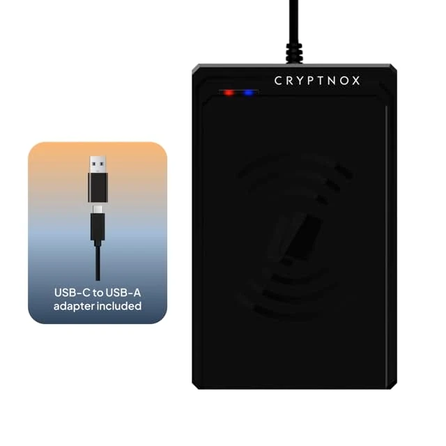 Cryptnox Lettore di Smart Card senza contatto – Conforme ISO 14443 e Mifare® | Connettività USB Type-C e Type-A | Autenticazione sicura per pagamenti elettronici, e-commerce, controllo accessi e altro