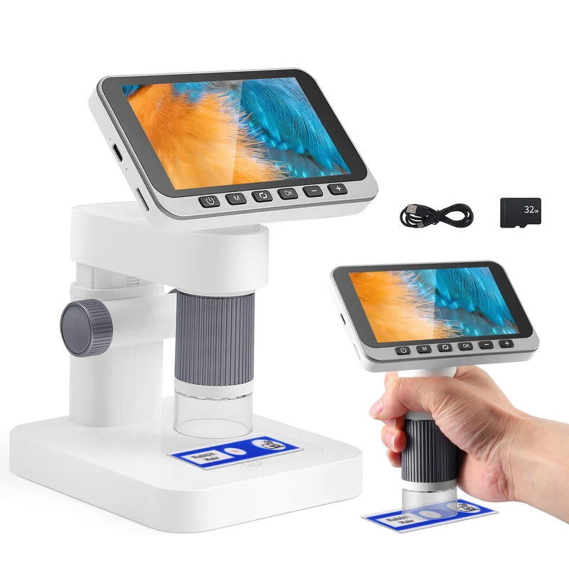 Microscopio digitale 4,5" IPS, 5-1000X Microscopio Elettronico Portatile USB con 8 luci LED Regolabili Scheda di memoria da 32 GB per bambini adulti