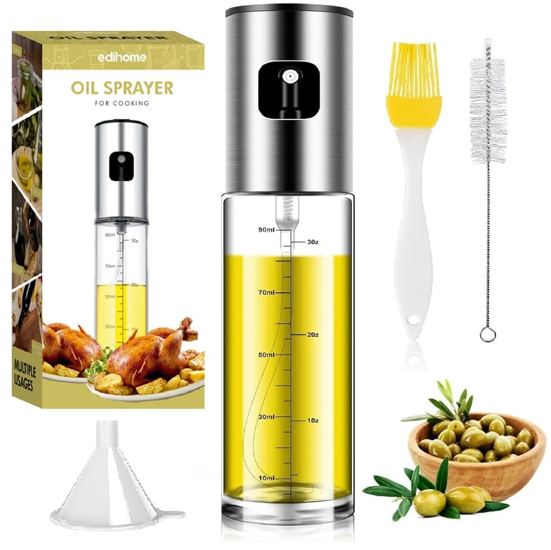 edihome, Spruzzino Olio per Friggitrice Aria, Spruzzatore Salvagoccia, 100 ml, Spray Nebulizzatore, Oliera in Vetro e Acciaio Inox