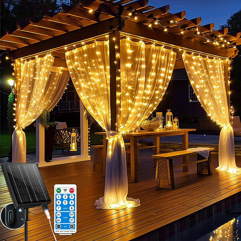 Holwim Catena di luci a energia solare, 3 x 3 m, 300 LED, IP65, impermeabile, per interni ed esterni, 8 modalità con telecomando, per feste, Natale (bianco caldo solare)