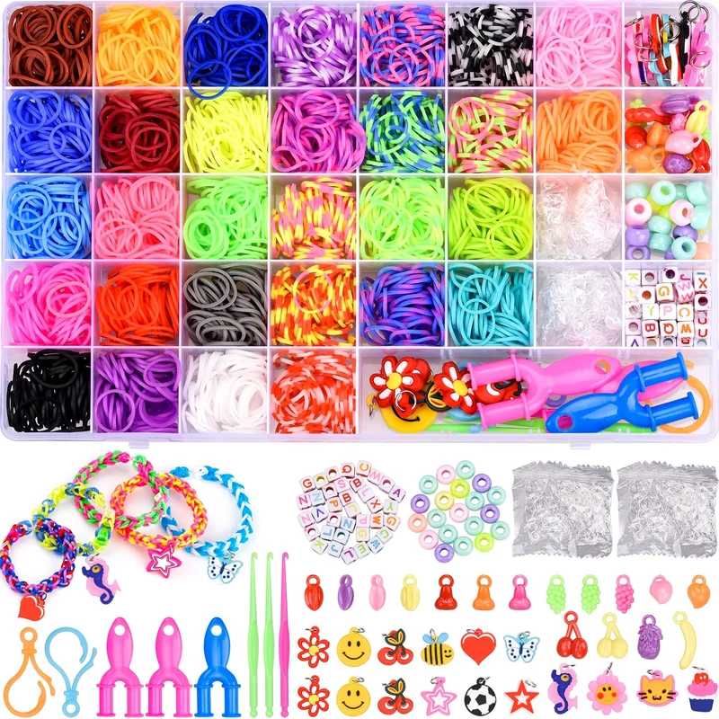 AOKITO 2500+ Elastici per Braccialetti, 32 Colori Kit Elastici Braccialetti Fai Da Te Bambina con Gancetti, Varie Perline e Loom Band, Lavorare a Maglia Giocattolo Perfetto Bambini Regalo per Ragazze