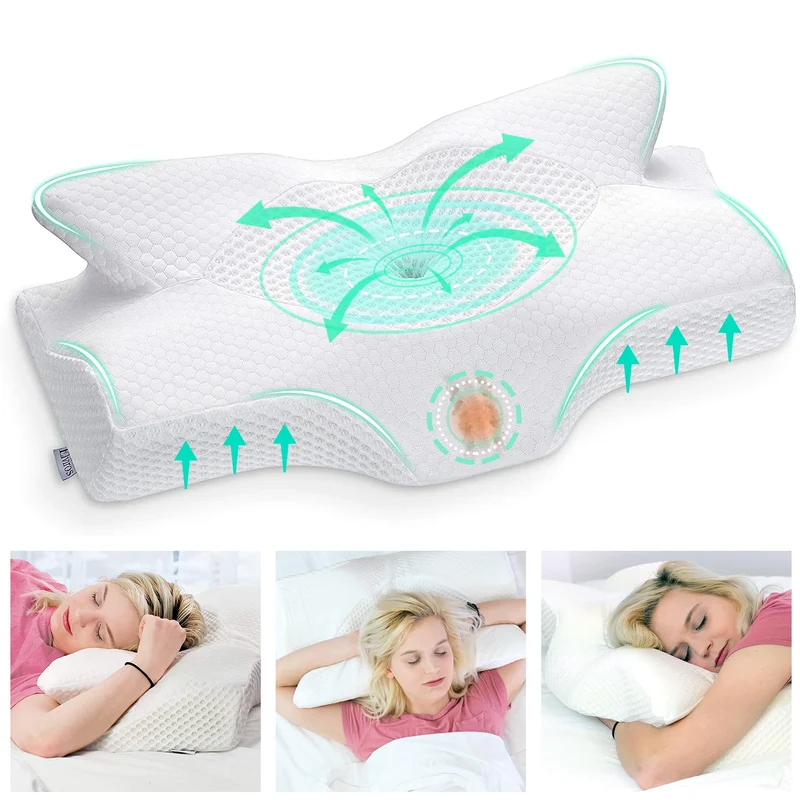 Elviros Cuscino in Memory Foam Ortopedico Cervicale per Dolore al Collo Cuscino Ergonomico per Dolore alla Spalla Cuscino di Sostegno del Collo, Bianca, 53.8 x 11/9 x 33 cm