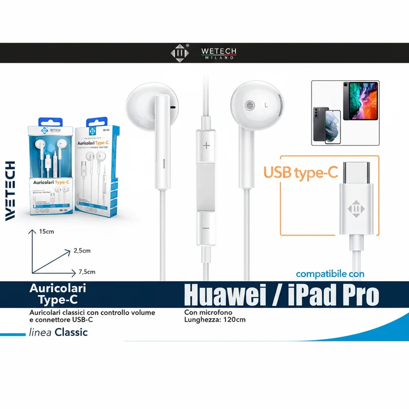 Wetech Auricolari Type-C C/Regolazione Volume