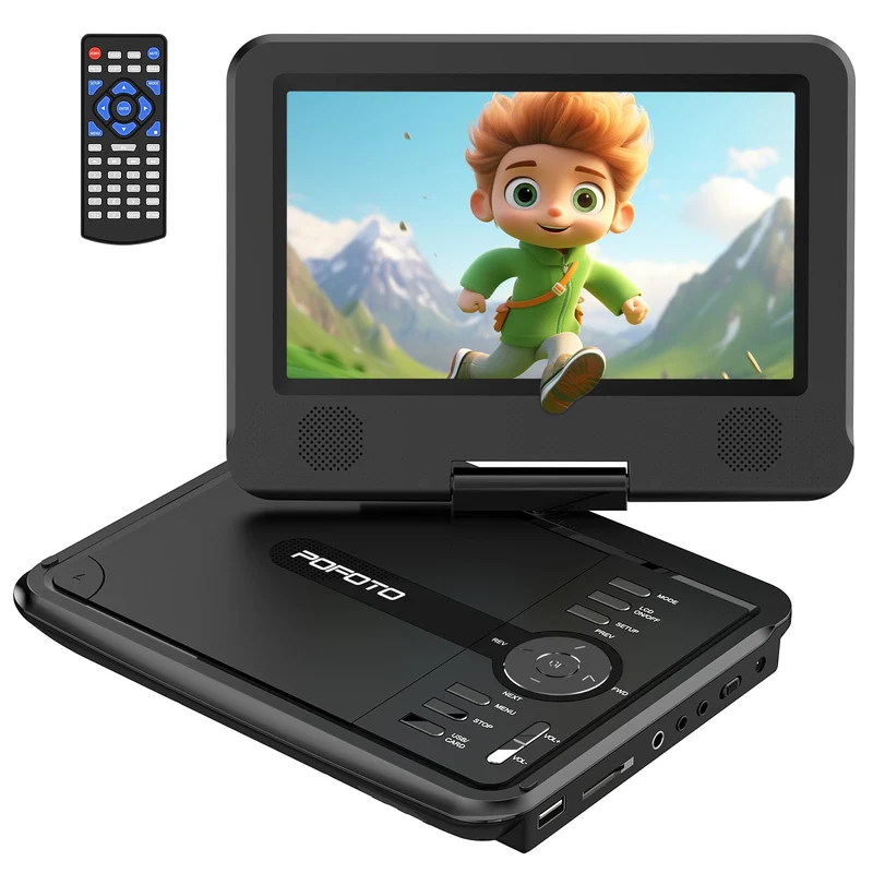 POFOTO Lettore DVD Portatile 9,5'' con Schermo HD Ruotabile 7,5'', Batteria 4-6 Ore, Supporto Multiformato Dischi/SD/USB, Antiurto, Riproduzione Memoria, Sync TV e Proiettore, con Caricatore per Auto