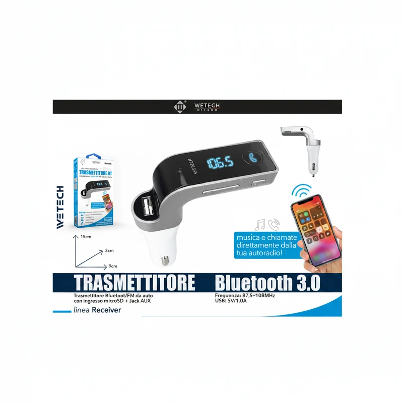 Wetech Trasmettitore Bluetooth Da Auto + Usb Wd04N
