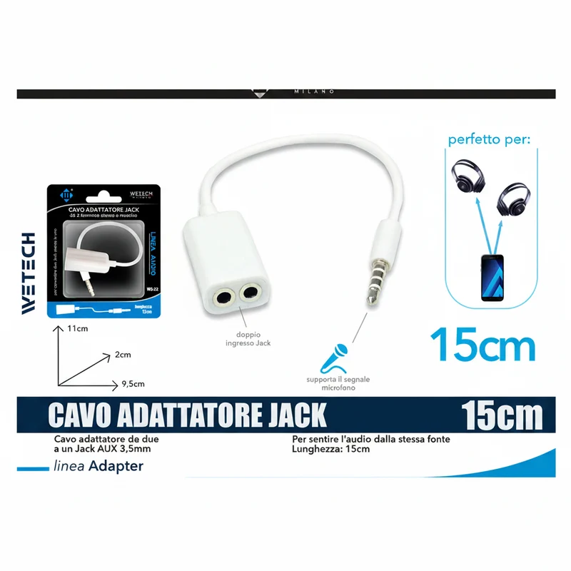 Wetech Adattatore Audio 2 Jack F-Jack 35Mm Con Rivestimento