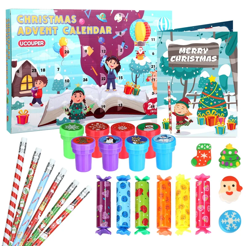 Ucouper Calendario Avvento 2024 di Cancelleria Scuola Set Cancelleria 24 Articoli Calendario Avvento Bambini Bambina con Matite Timbri Evidenziatori e Gomma Regali di Natale Bambini