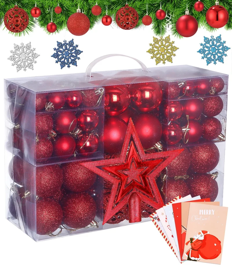 Palline di Natale Rosse, 105 Palline Natale Infrangibili Con Gancio Palle di Natale Diametro 3/4/6 cm, Decorazioni Albero di Natale con 4 Decorazioni con Fiocchi di Neve, 5 Cartoline di Natale