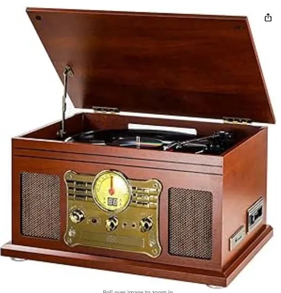 Mersoco Giradischi Vinile Bluetooth con altoparlanti stereo, Convertitore LP da vinile a MP3 con CD, lettore di cassette, radio FM, Aux in e prese per cuffie