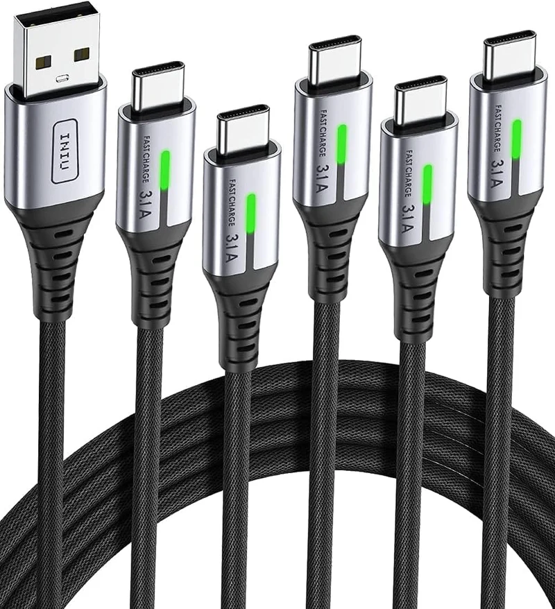 INIU Cavo USB Type-C [5 Pezzi], Cavetto USB C 3,1A Ricarica Rapida, Nylon Cavo USB A USB C per Caricabatterie per iPhone 16 15 Samsung Galaxy S21 S20 S9 Note 10 Google Pixel ECC (1m+1m+2m+2m+0.5m)