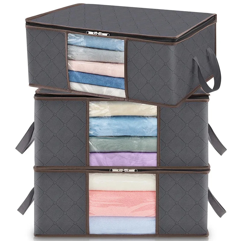 Lifewit 3 Pezzi 35L Scatole per Vestiti, Scatola per Armadio Pieghevole, scatoloni per trasloco, contenitori sottoletto per Coperte, Biancheria da Letto, Grigio