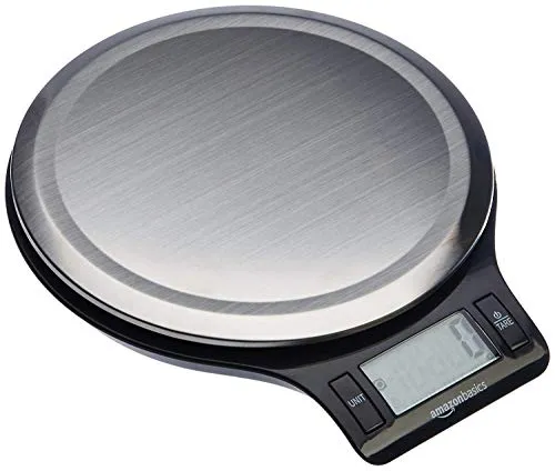 Amazon Basics - Bilancia digitale da cucina con display LCD, priva di bisfenolo A (pile incluse), Nero e acciaio inossidabile