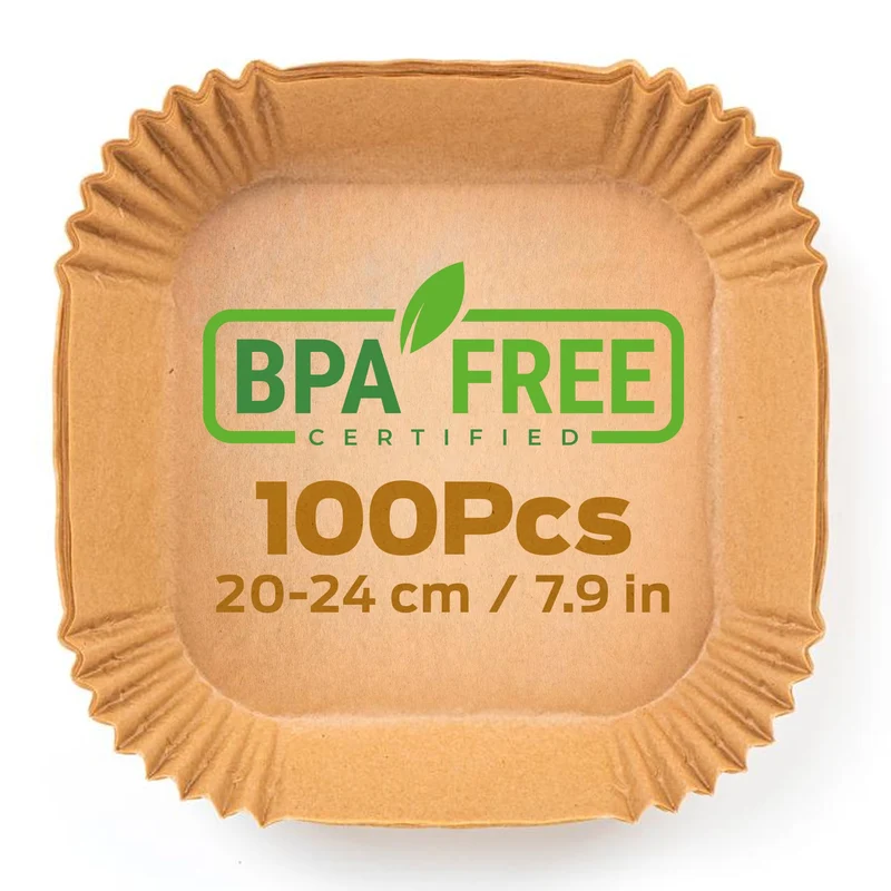 PORTENTUM Carta forno per friggitrice ad aria 100 pezzi Food-Grade BPA Free 20 x 20 x 4,5 cm Carta Air Fryer Quadrata - Ideale per una cottura sana