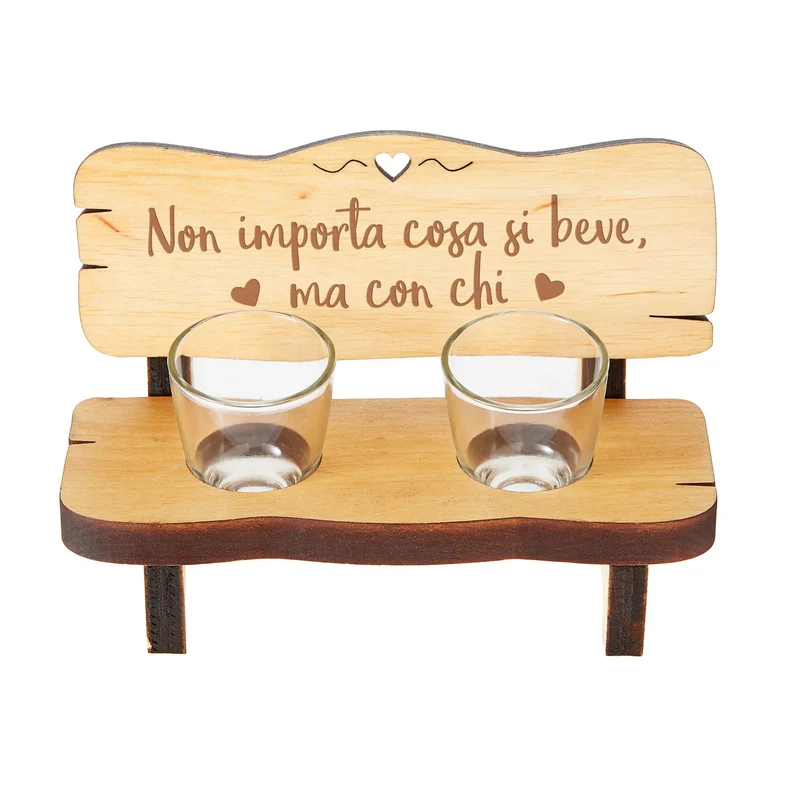 Casa Vivente Panchina per Shot in Legno con 2 Bicchierini in Vetro Inclusi, Incisione Non Importa Cosa Si Beve, Accessori Decorativi Casa