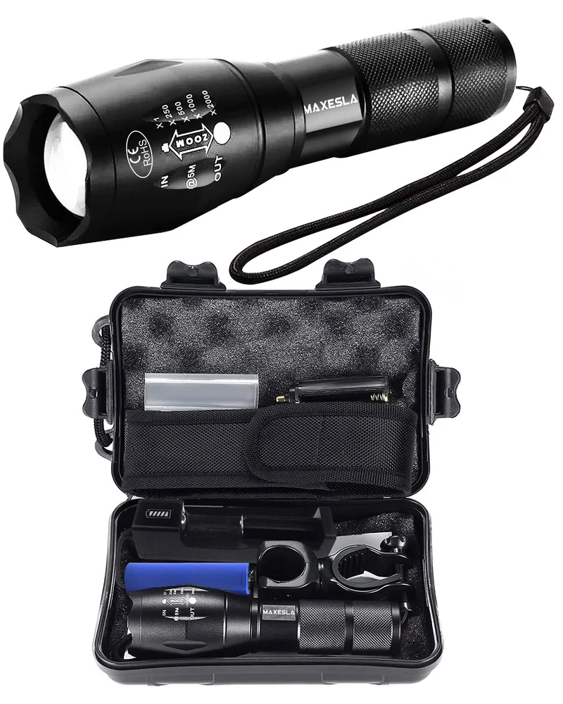 Maxesla Torcia LED Potente Professionale, 2000 Lumen Torcia LED Potente, Torce LED Alta Potenza con 18650 Ricaricabile Batteria 5 Modes, Zoomable, IP65 Impermeabile, nero