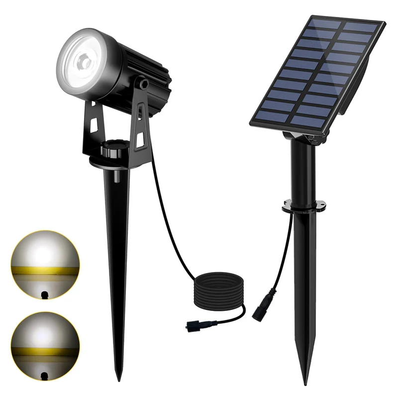 T-SUN Faretto Solare Esterno Lampada da Giardino Solare 2 Modalità di Illuminazione 270 ° Regolabile Impermeabile IP65, Automatico on/off per Alberi, Giardini, Strade, Prati(3000K, 1H)