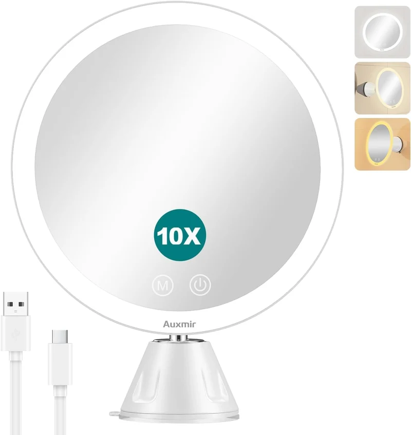 Auxmir Specchio Ingranditore 20X, Specchio Trucco con Luci a 46 LED, 3 Colori di Luce, Luminosità Regolabile, Ricaricabile, Rotazione a 360°, Potente Ventosa, 20CM